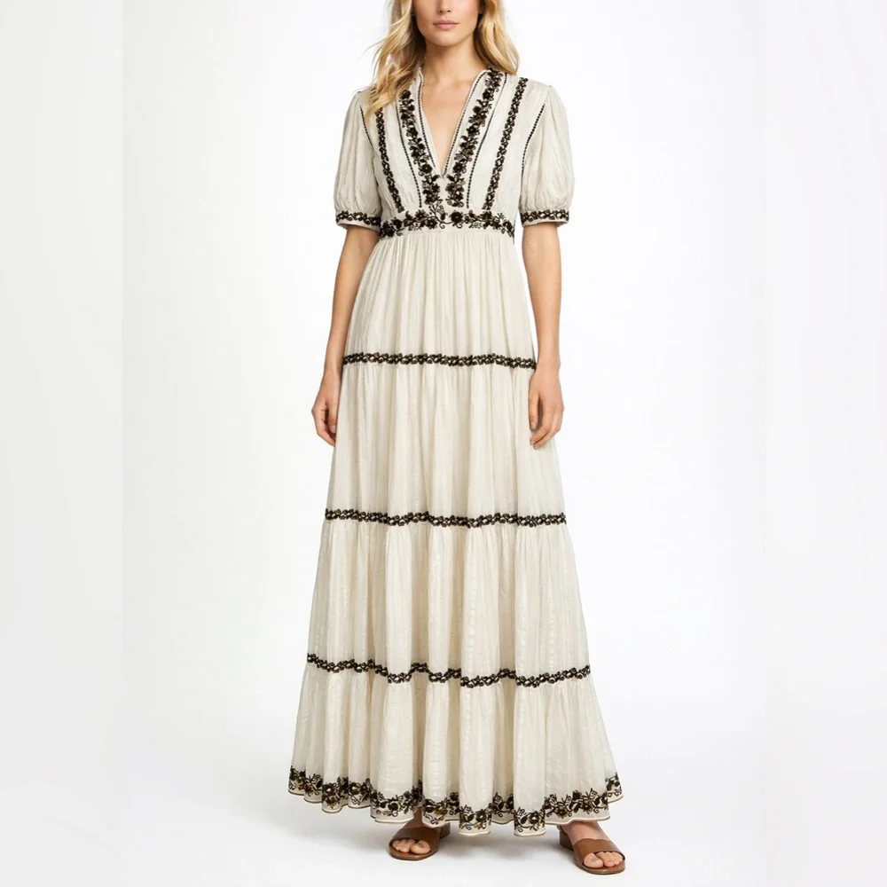 Ulla Johnson Alma Dress Blanc 100% Cotton Gauze 4 Maxi Sequin Embroidered $795 - Picture 1 of 11